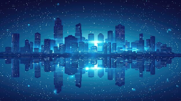 Night cityscape with glowing buildings and starry sky reflected in water