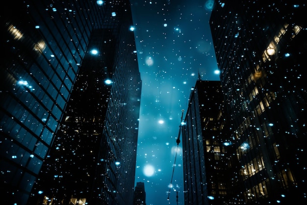 Night cityscape with glowing windows creating scattered pattern resembling starry sky