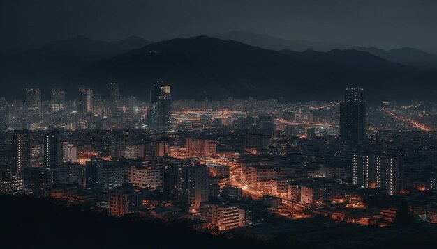 Night cityscape with skyscrapers illuminated architecture and high angle view generated by artificial intelligence