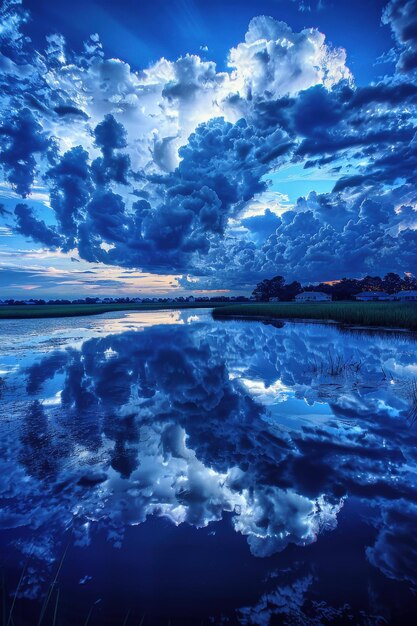 Photo night clouds beautifully reflected over calm lake water