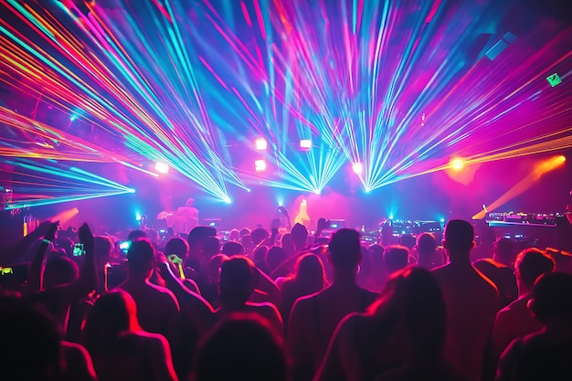 a night club with a colorful light show in the background