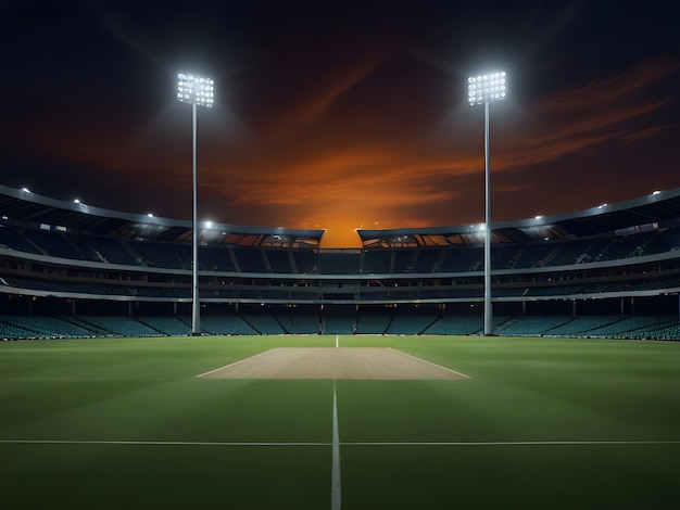 At night cricket stadium illuminated by brilliant floodlights