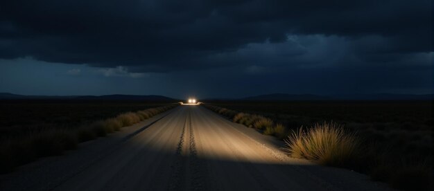 Photo night dirt road glows menacingly under headlights against ominous sky neural network art creates an