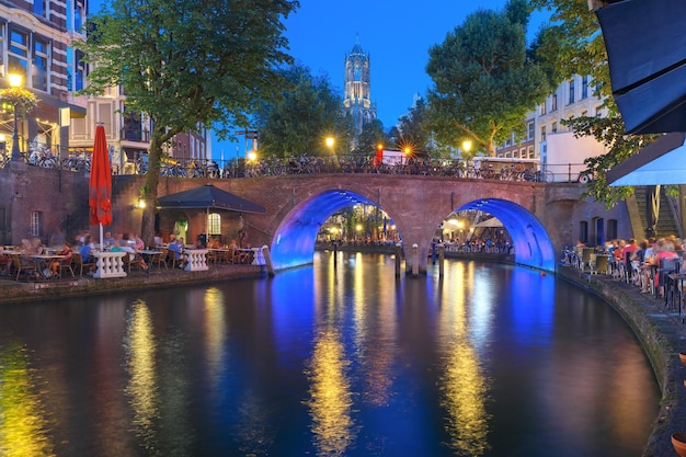 Night Dom Tower and bridge Utrecht Netherlands