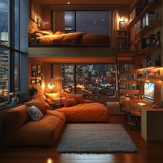 Photo at night dream bedroom warm twostorey small duplex downstairs there is a small sofa and desk