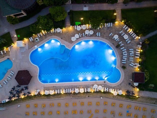 At night a drone unveils a luxurious seaside resort hotel on Bulgaria's coast Lights craft a magical ambiance of warmth and luxury