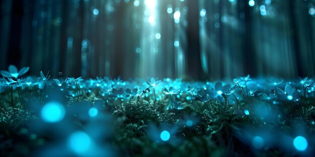 Photo night falls in an enchanted forest bioluminescent flora glows creating a dazzling scene concept enchanted forest bioluminescent flora nighttime adventure magical glow dazzling scene