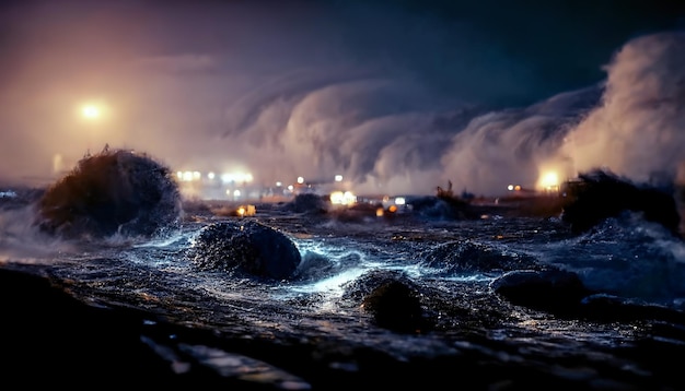 Night fantasy seascape with beautiful waves and foam Night view of the ocean Neon foam on water waves Reflection in the water of the starry sky 3D illustration