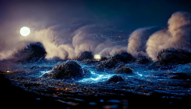 Night fantasy seascape with beautiful waves and foam Night view of the ocean Neon foam on water waves Reflection in the water of the starry sky 3D illustration