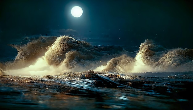 Night fantasy seascape with beautiful waves and foam Night view of the ocean Neon foam on water waves Reflection in the water of the starry sky 3D illustration