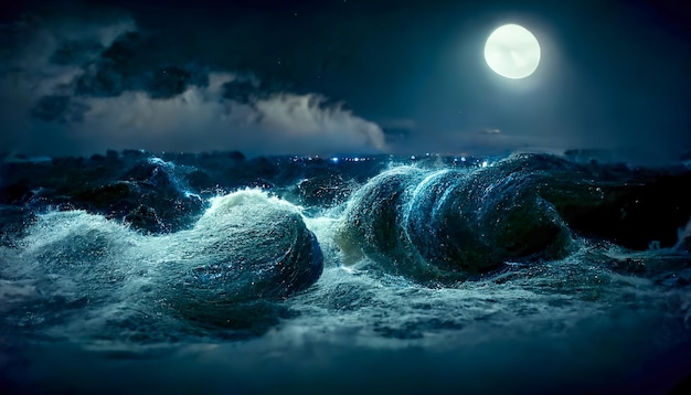 Night fantasy seascape with beautiful waves and foam Night view of the ocean Neon foam on water waves Reflection in the water of the starry sky 3D illustration