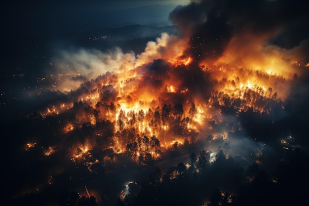 Night forest fire burns the pine trees in the forest Generative AI