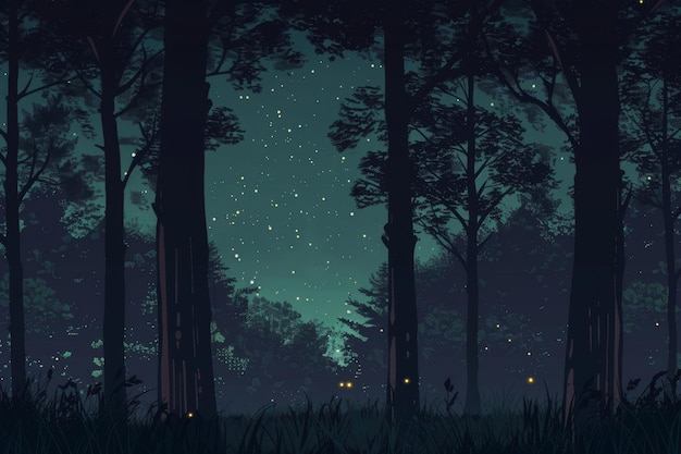 Night forest illuminated by fireflies and stars