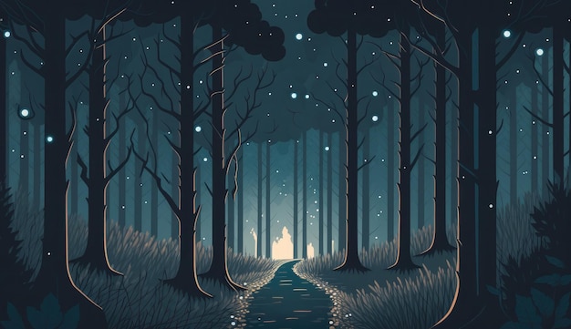 Night forest landscape trees ai generated