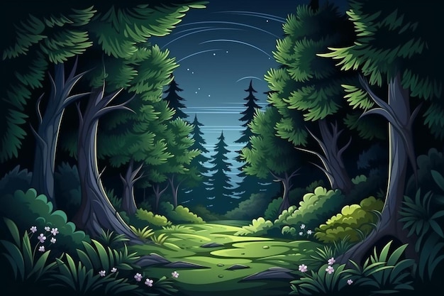 Night forest landscape with plants and trees dark wild wood background