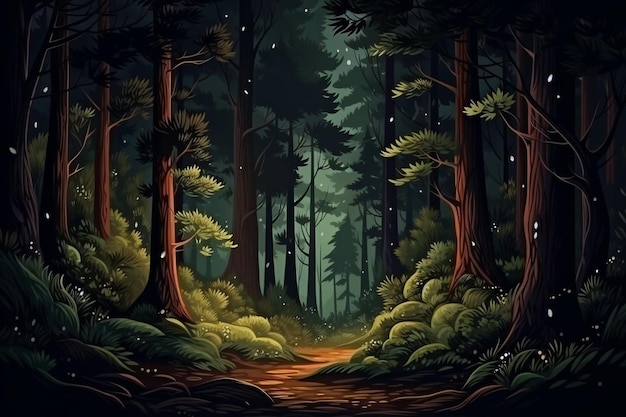 Night forest landscape with plants and trees dark wild wood background