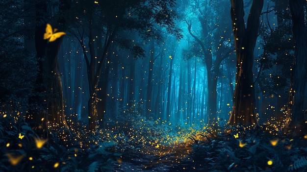 night forest Magic mystic wood with flying fireflies Generative Ai