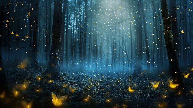 night forest Magic mystic wood with flying fireflies Generative Ai