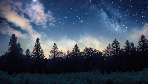 Night forest with cloudy sky with stars