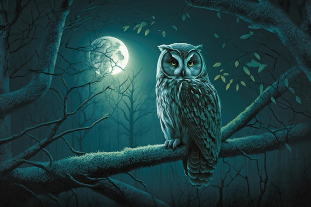 Night forest with owl perched on tree branch its eyes shining in the moonlight