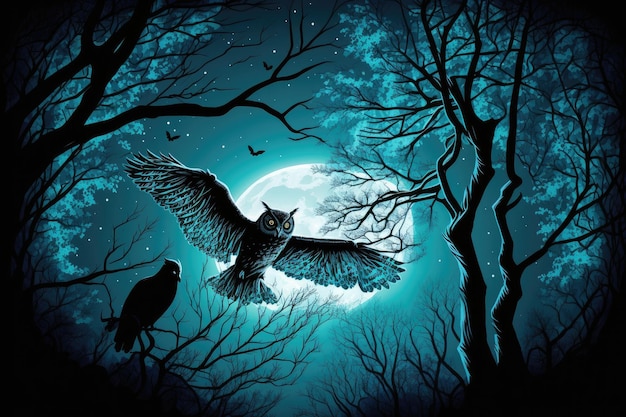 Night forest with owl swooping over the moonlit treetops