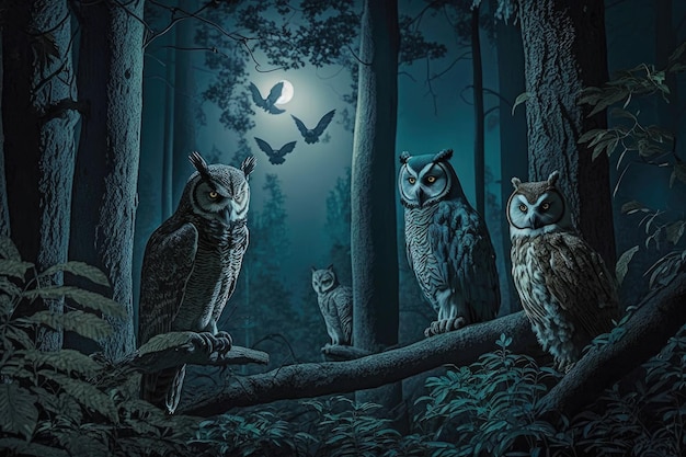 Night forest with owls hunting for their next meal