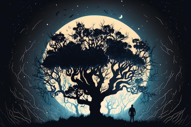 In the night a full moon numerous stars and a silhouetted tree