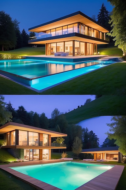 Night Glow Modern Villa with LED Lights in Swiss Nature Oasis