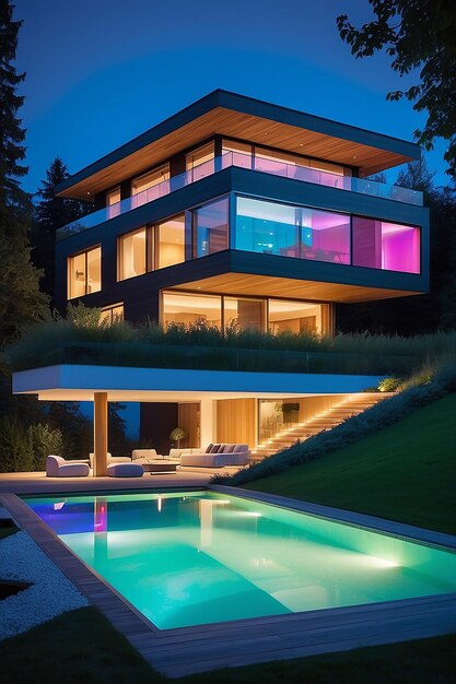 Night Glow Modern Villa with LED Lights in Swiss Nature Oasis