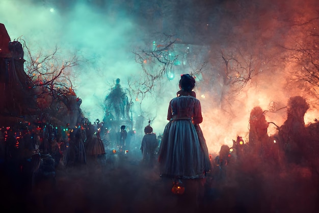 Night gothic halloween party in spooky forest full of smoke neural network generated art