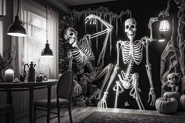 Night halloween party in room with scary black white ghosts skeleton generative ai