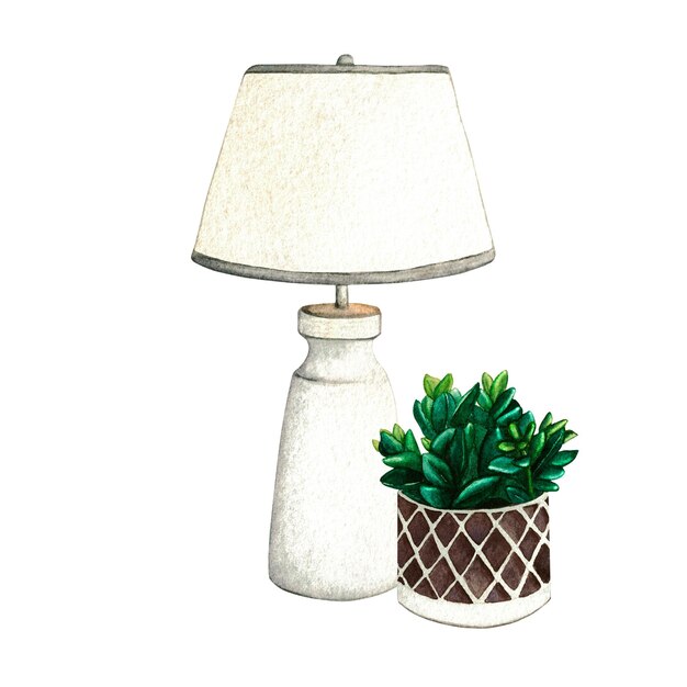 Night lamp and home plant Watercolor illustration interior of living room Clipart Home decor elements on a white background