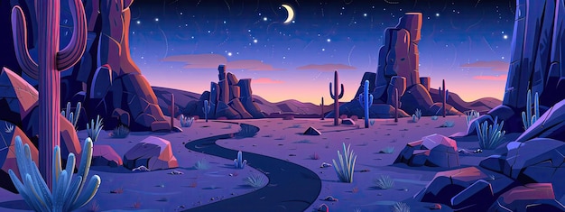 The night landscape of the American desert with an asphalt road rocks and cacti Cartoon illustration