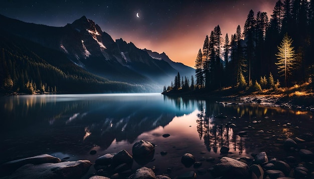 Photo night landscape dark forest river night sky mountains reflection in the water of moonlight