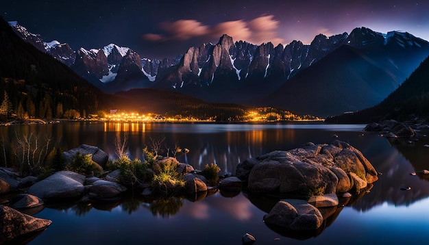 Photo night landscape dark mountain illuminated