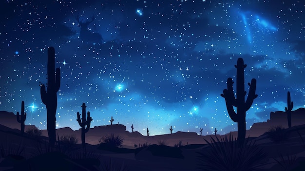 Night landscape of a desert with cacti silhouetted against a starry sky