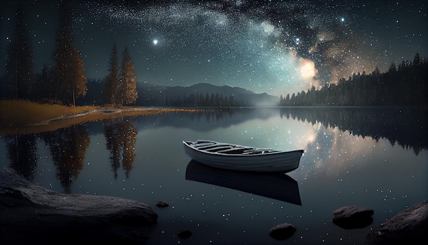 Night landscape outdoors forest reflection on water generative AI