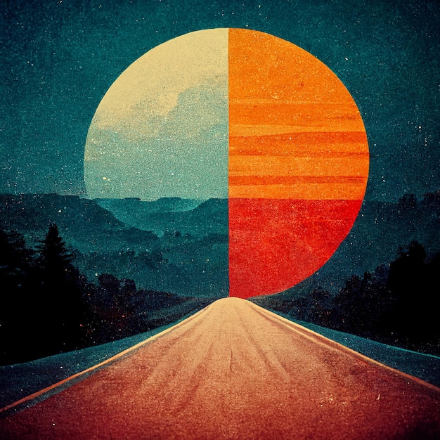 Night landscape road moon on the horizon forest in retro wave style