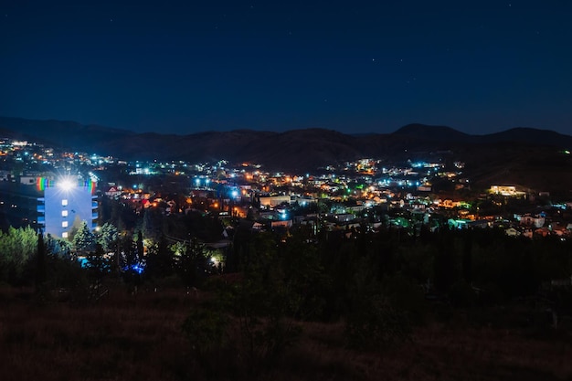 Night landscape View of the night city in a hilly area A small town in the Crimea