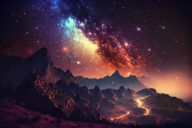 Night landscape with colorful Milky Way, generative ai