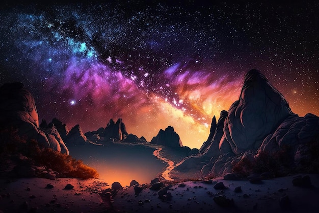 Night landscape with colorful Milky Way, generative ai