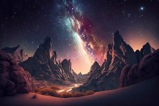 Night landscape with colorful Milky Way, generative ai