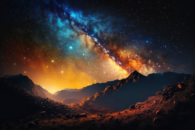 Night landscape with colorful Milky Way, generative ai