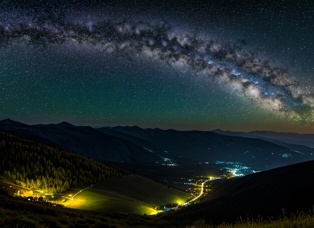 Night landscape with colorful Milky Way and yellow light at mountains Starry sky with hills at summ