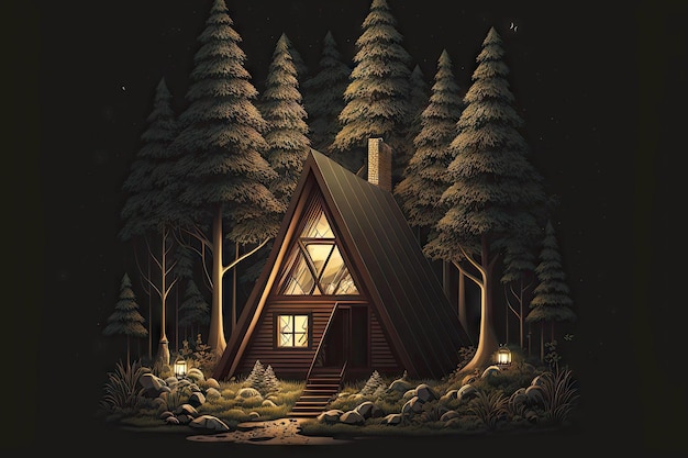 Night landscape with cozy wooden aframe cabin against background of forest