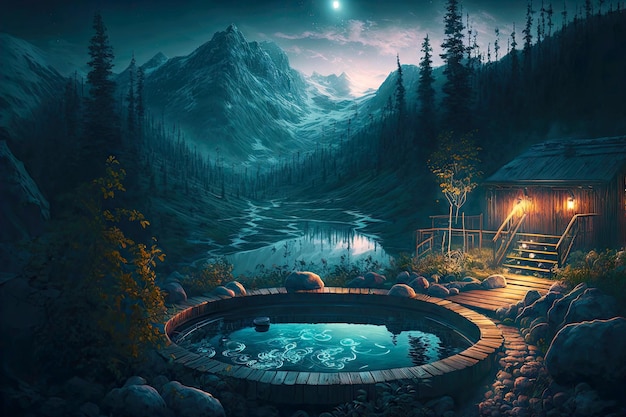 Night landscape with illuminated spa outdoor hot tub in mountains