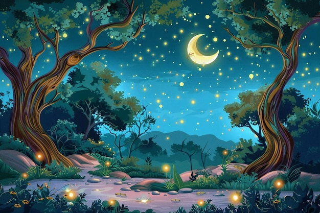 Night landscape with moon in sky and fireflies