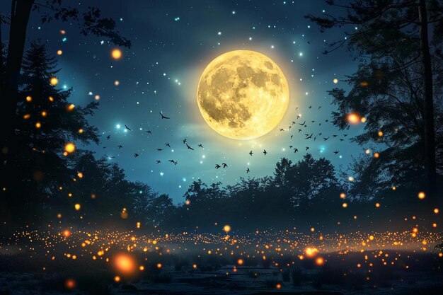 Night landscape with moon in sky and fireflies