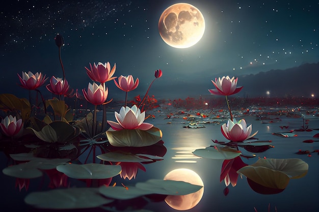 Night landscape with water lilies in a swamp against the background of the moon