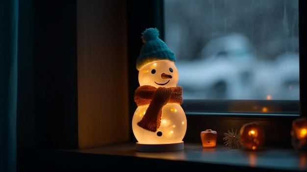 Night light in the form of snowman standing on the window sill